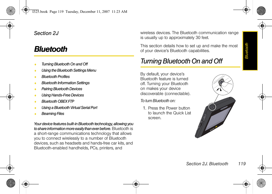 Bluetooth, Turning bluetooth on and off, 2j. bluetooth | Samsung ACE User Manual | Page 134 / 210