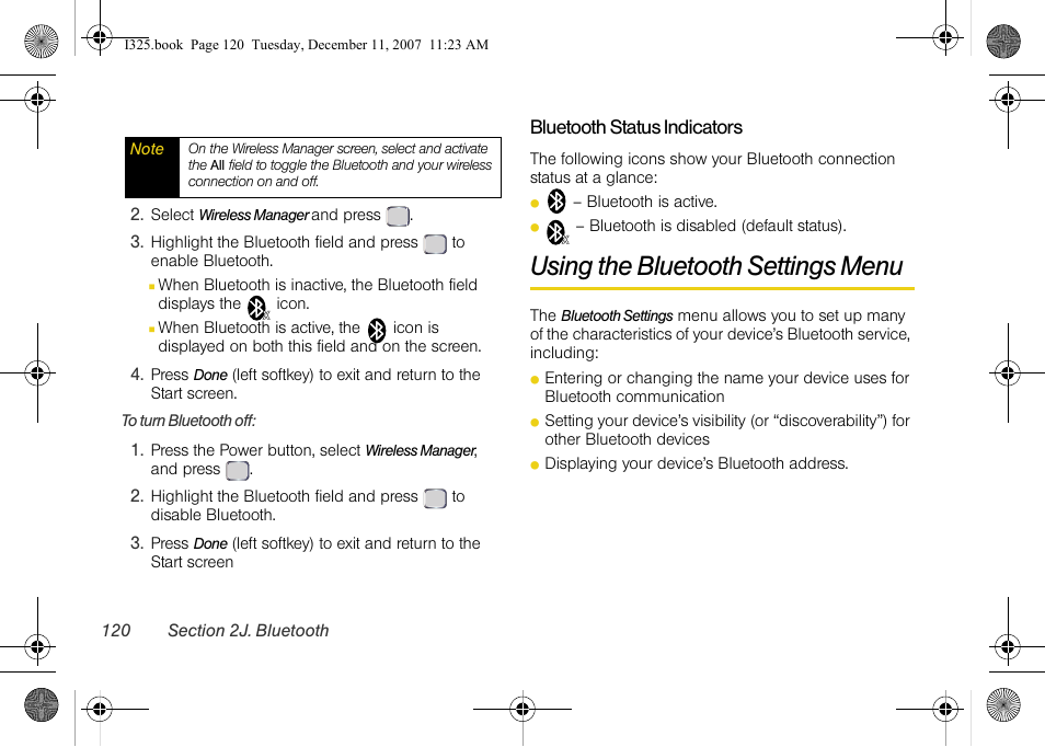 Bluetooth status indicators, Using the bluetooth settings menu | Samsung ACE User Manual | Page 135 / 210