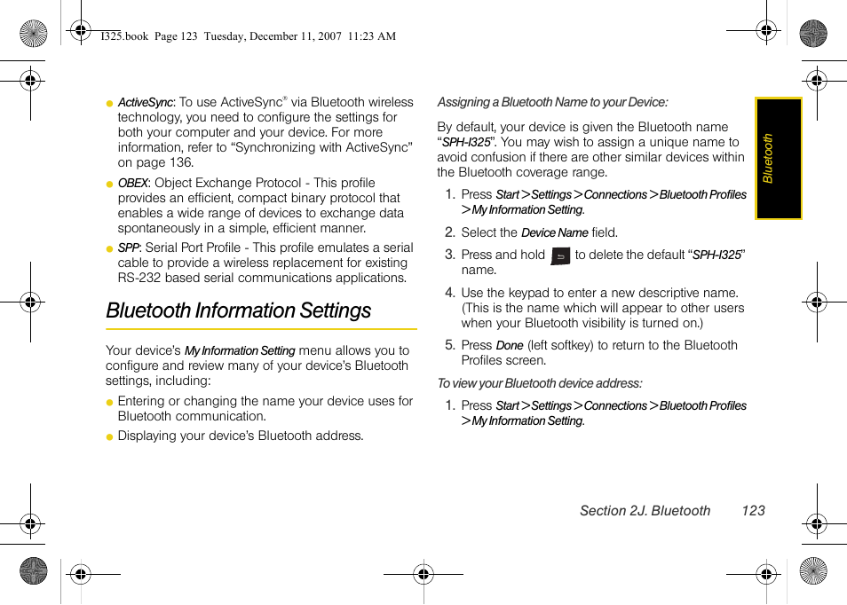 Bluetooth information settings, Assigning a bluetooth name to your device | Samsung ACE User Manual | Page 138 / 210