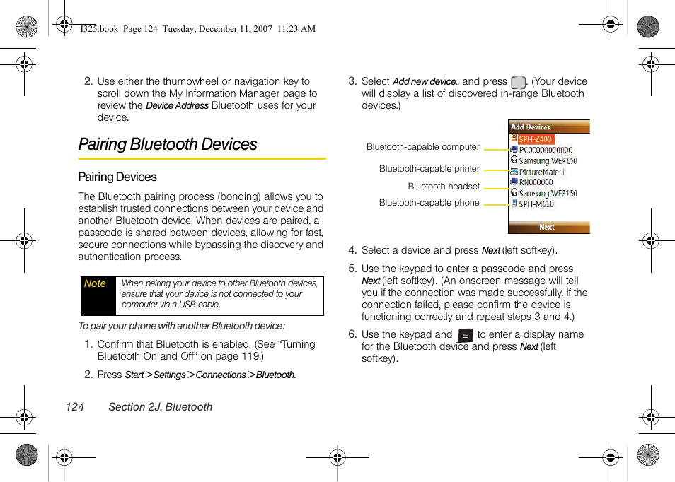 Pairing bluetooth devices, Pairing devices | Samsung ACE User Manual | Page 139 / 210