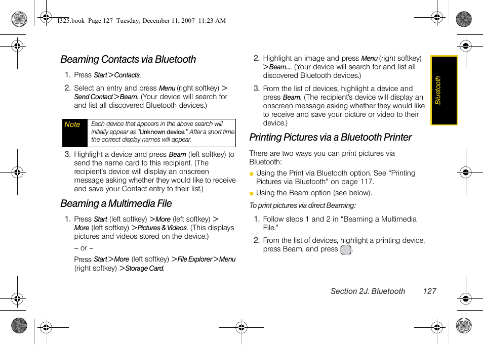 Beaming contacts via bluetooth, Beaming a multimedia file, Printing pictures via a bluetooth printer | Samsung ACE User Manual | Page 142 / 210