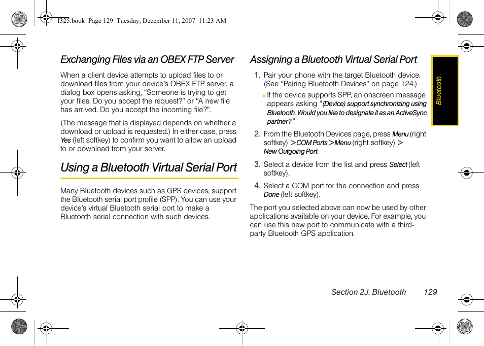 Exchanging files via an obex ftp server, Using a bluetooth virtual serial port, Assigning a bluetooth virtual serial port | Samsung ACE User Manual | Page 144 / 210