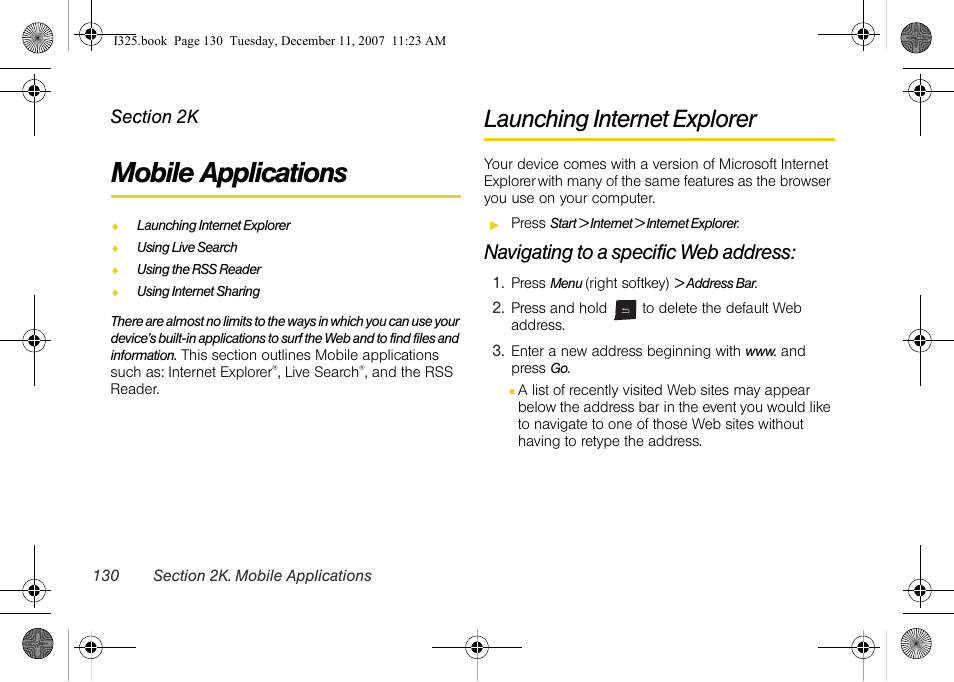 Mobile applications, Launching internet explorer, Navigating to a specific web address | 2k. mobile applications | Samsung ACE User Manual | Page 145 / 210