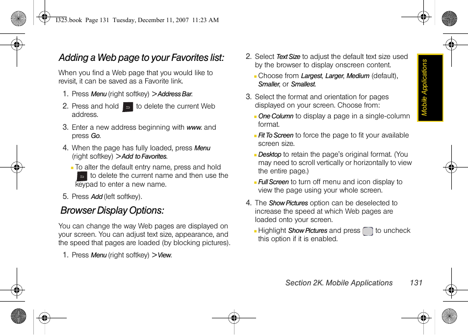 Browser display options, Adding a web page to your favorites list | Samsung ACE User Manual | Page 146 / 210