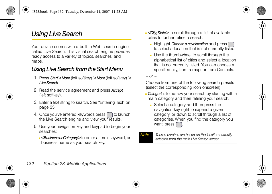 Using live search, Using live search from the start menu | Samsung ACE User Manual | Page 147 / 210