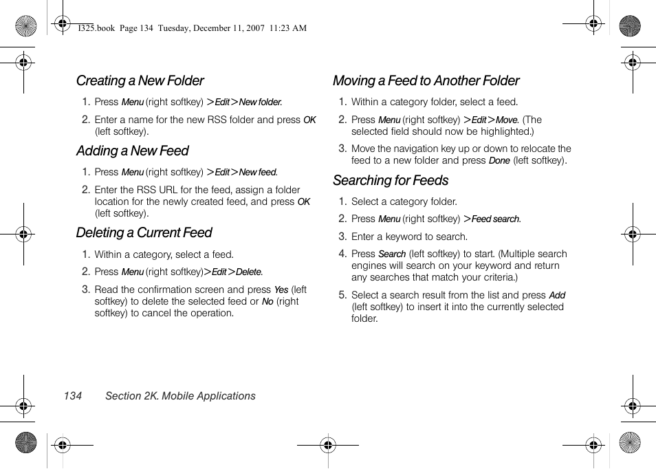 Creating a new folder, Adding a new feed, Deleting a current feed | Moving a feed to another folder, Searching for feeds | Samsung ACE User Manual | Page 149 / 210