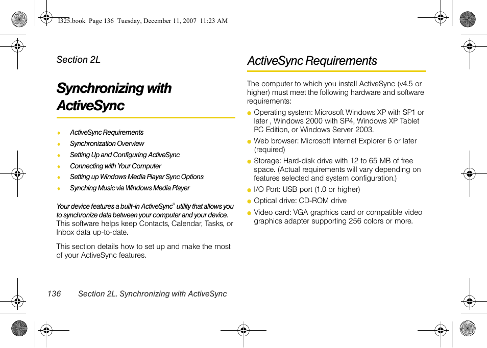 Synchronizing with activesync, Activesync requirements, 2l. synchronizing with activesync | Samsung ACE User Manual | Page 151 / 210