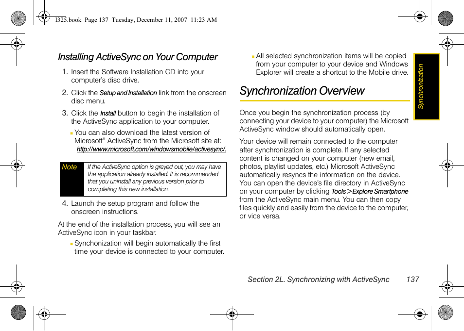 Installing activesync on your computer, Synchronization overview | Samsung ACE User Manual | Page 152 / 210