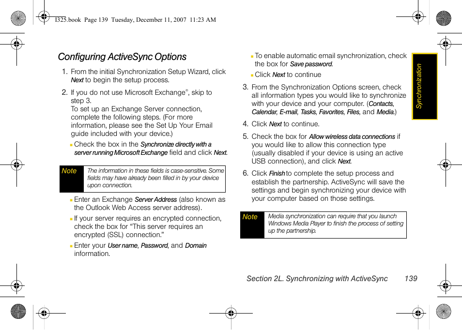 Configuring activesync options | Samsung ACE User Manual | Page 154 / 210