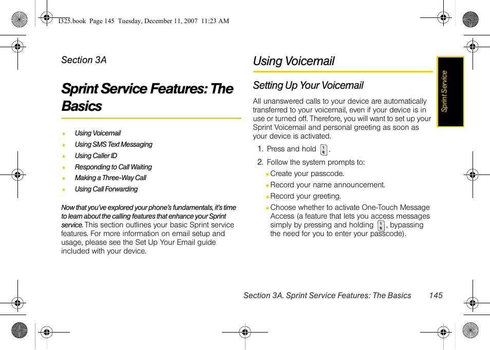 Sprint service features: the basics, Using voicemail, Setting up your voicemail | 3a. sprint service features: the basics . 145 | Samsung ACE User Manual | Page 160 / 210