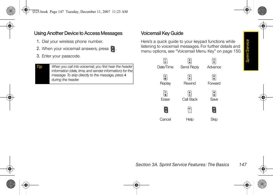 Using another device to access messages, Voicemail key guide | Samsung ACE User Manual | Page 162 / 210