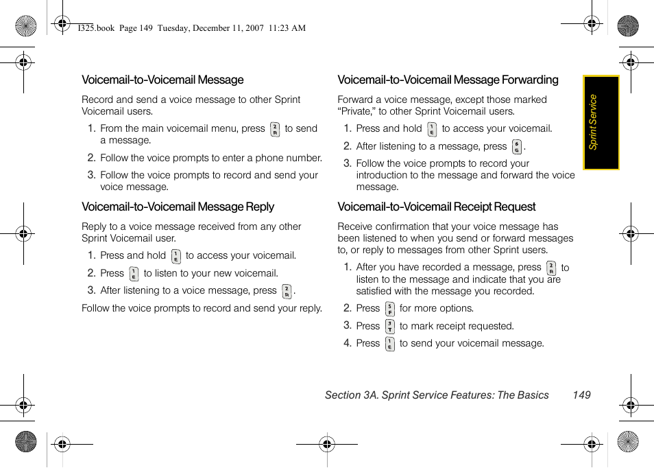 Voicemail-to-voicemail message, Voicemail-to-voicemail message reply, Voicemail-to-voicemail message forwarding | Voicemail-to-voicemail receipt request | Samsung ACE User Manual | Page 164 / 210