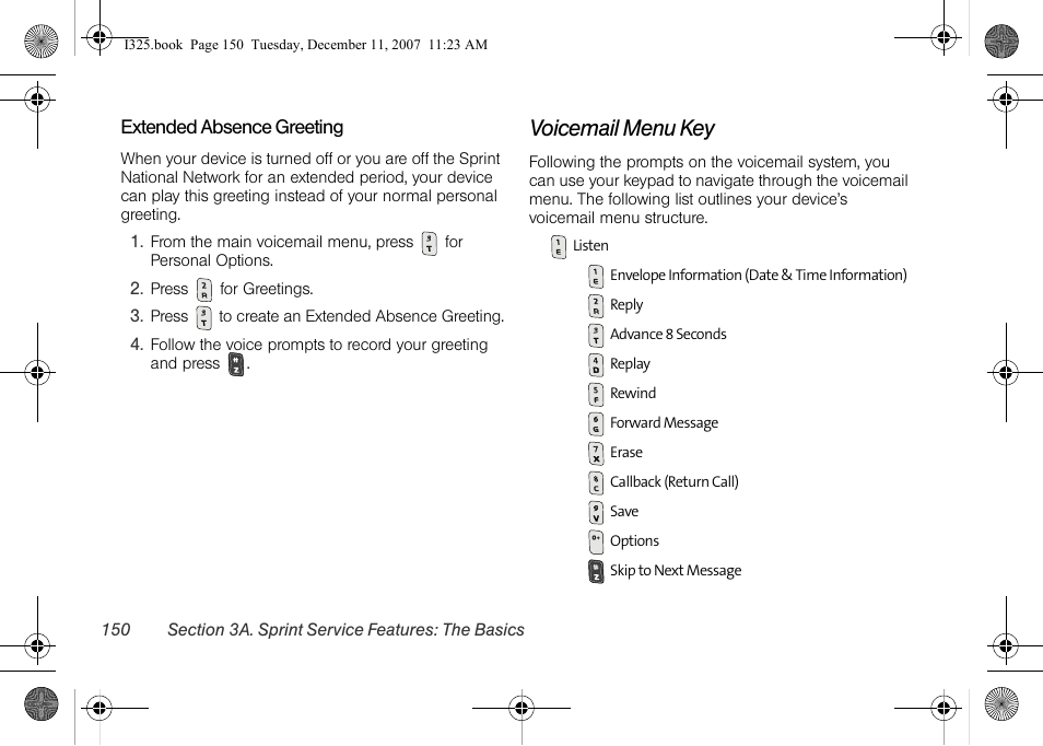 Extended absence greeting, Voicemail menu key | Samsung ACE User Manual | Page 165 / 210