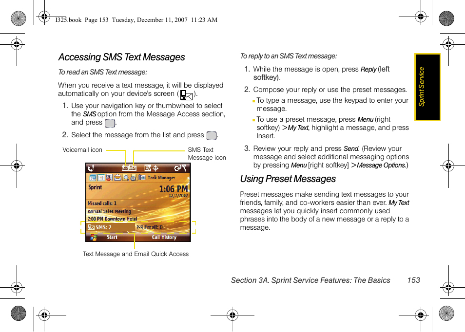 Accessing sms text messages, Using preset messages | Samsung ACE User Manual | Page 168 / 210