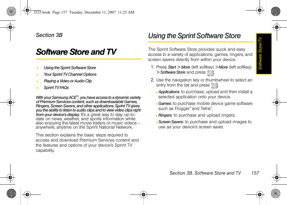 Software store and tv, Using the sprint software store, 3b. software store and tv | Samsung ACE User Manual | Page 172 / 210