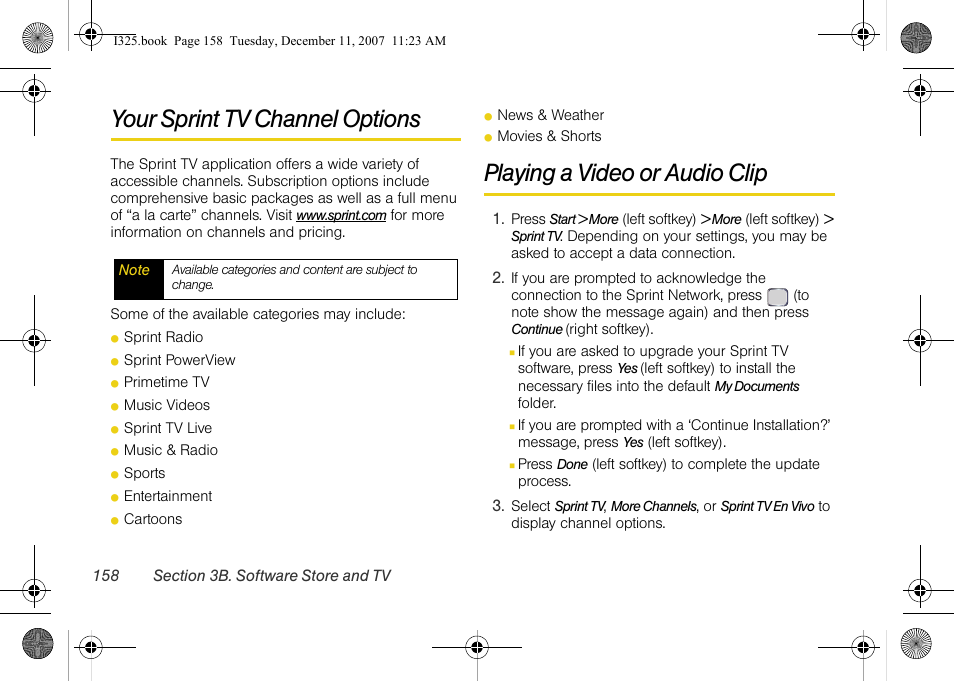 Your sprint tv channel options, Playing a video or audio clip | Samsung ACE User Manual | Page 173 / 210