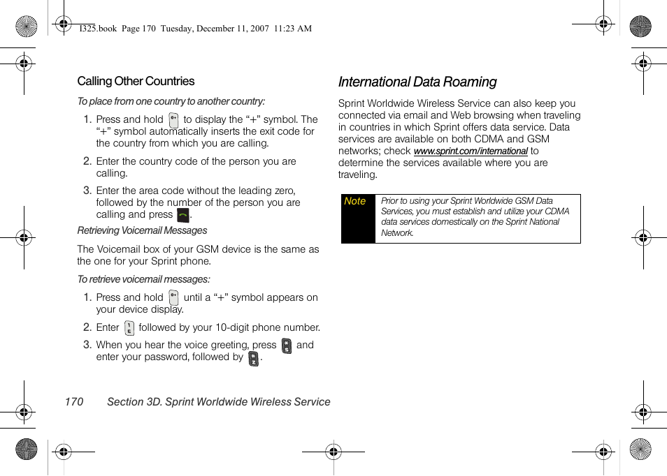 Calling other countries, Retrieving voicemail messages, International data roaming | Samsung ACE User Manual | Page 185 / 210