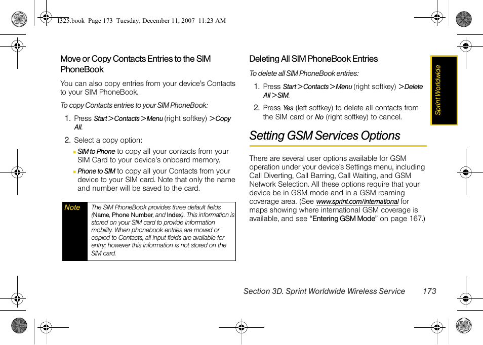 Move or copy contacts entries to the sim phonebook, Deleting all sim phonebook entries, Setting gsm services options | Samsung ACE User Manual | Page 188 / 210