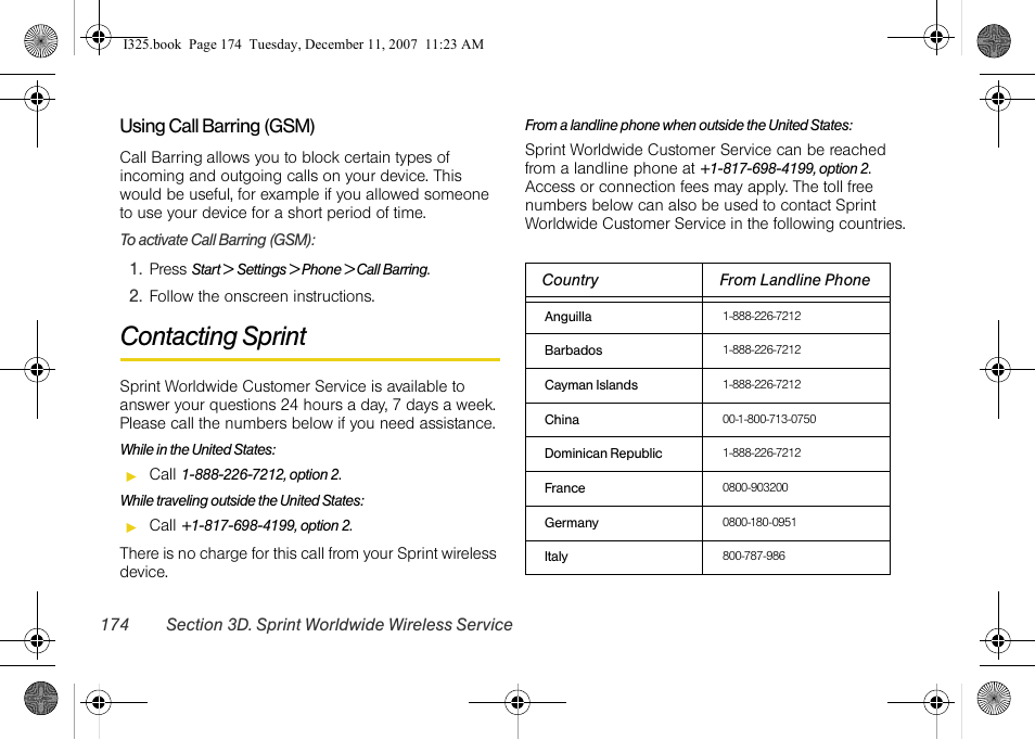 Using call barring (gsm), Contacting sprint | Samsung ACE User Manual | Page 189 / 210