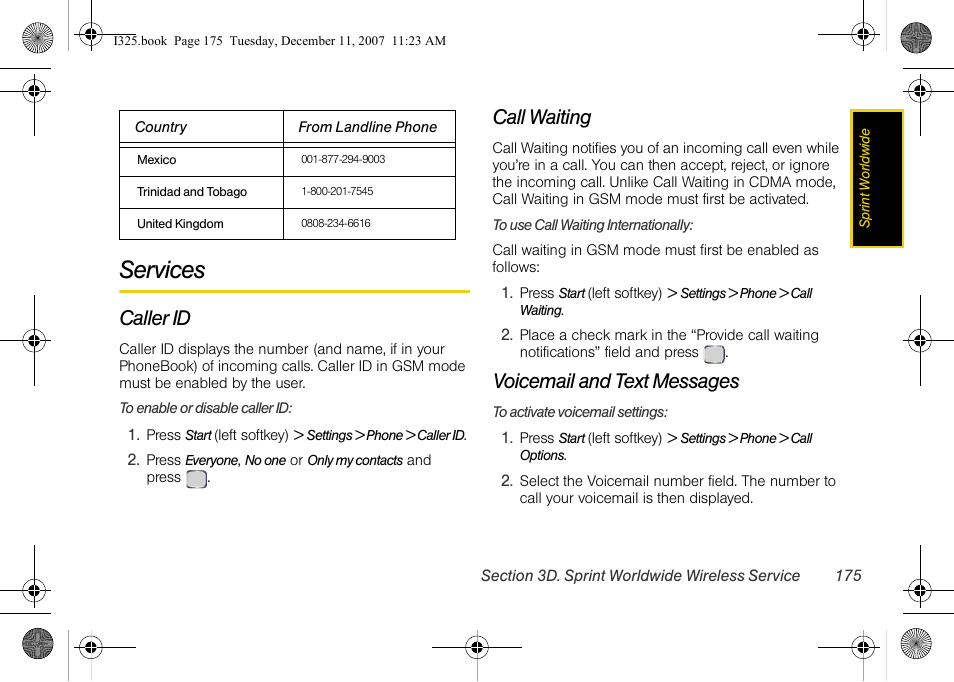 Services, Caller id, Call waiting | Voicemail and text messages | Samsung ACE User Manual | Page 190 / 210