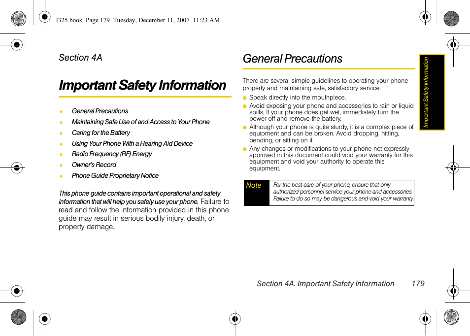 Important safety information, General precautions, 4a. important safety information | Samsung ACE User Manual | Page 194 / 210