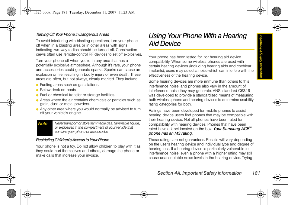 Using your phone with a hearing aid device, Using your phone with a hearing aid device 181 | Samsung ACE User Manual | Page 196 / 210