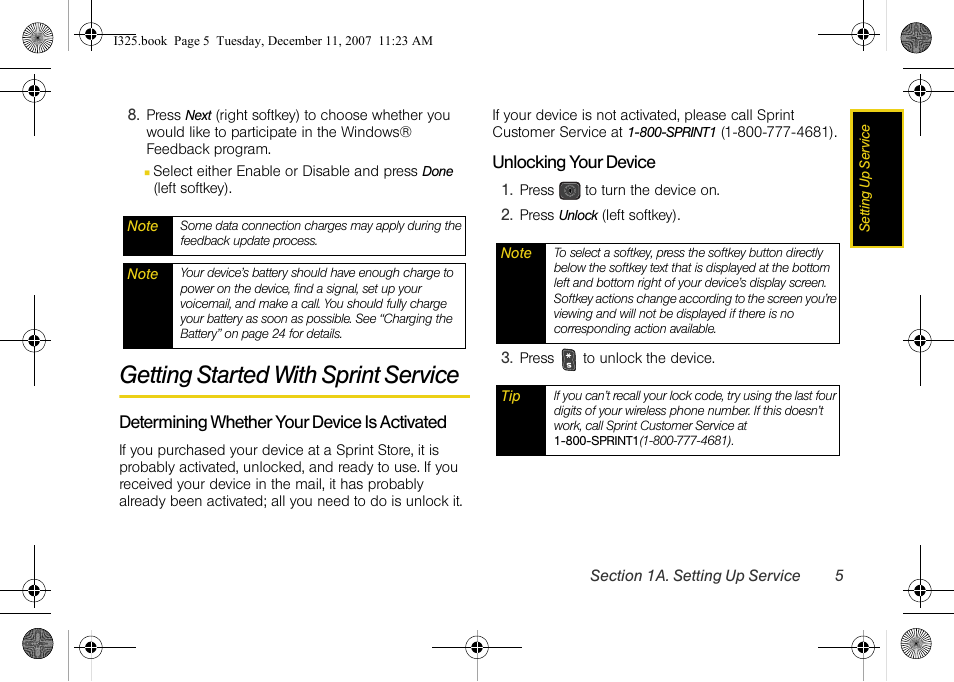 Getting started with sprint service, Determining whether your device is activated, Unlocking your device | Samsung ACE User Manual | Page 20 / 210