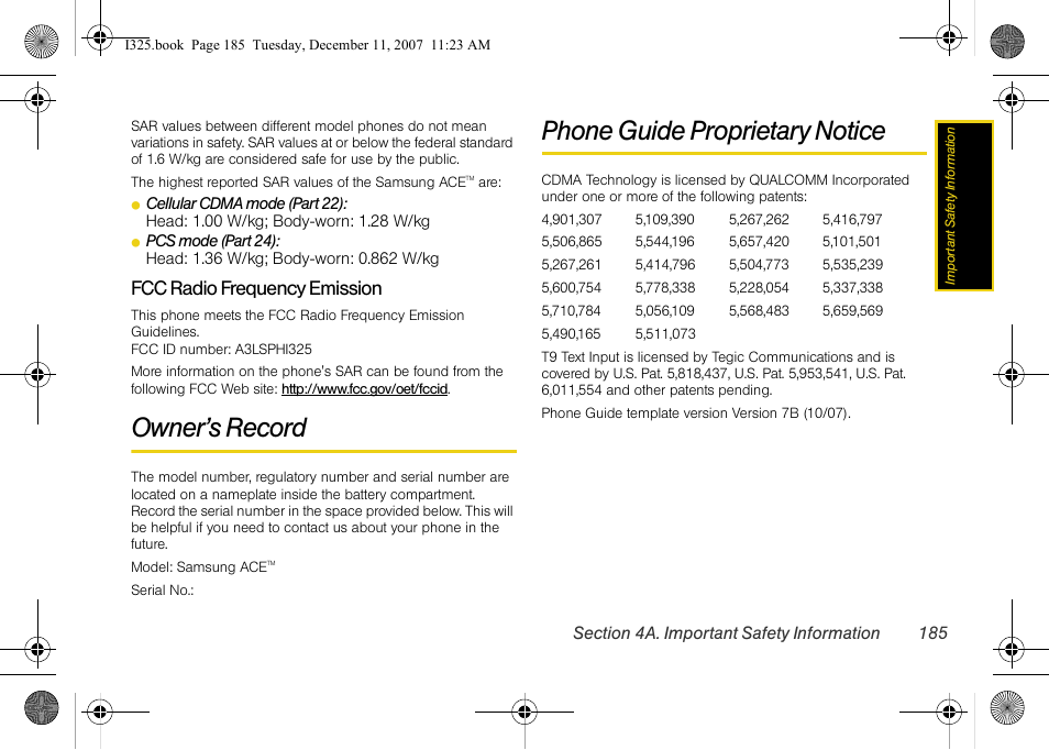 Fcc radio frequency emission, Owner’s record, Phone guide proprietary notice | Samsung ACE User Manual | Page 200 / 210