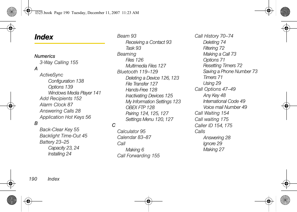Index | Samsung ACE User Manual | Page 205 / 210