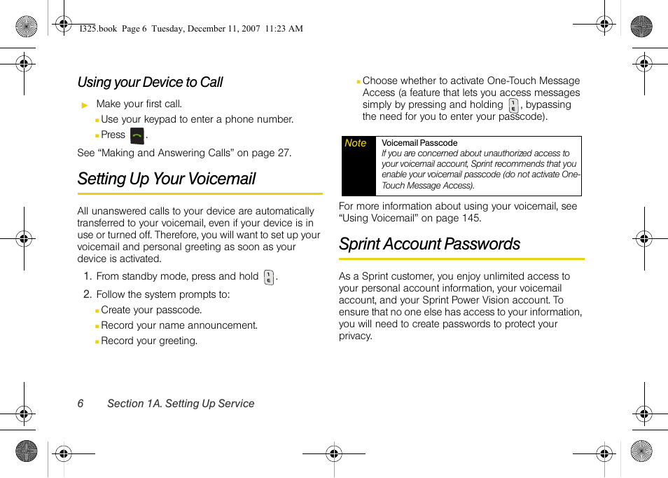 Using your device to call, Setting up your voicemail, Sprint account passwords | Samsung ACE User Manual | Page 21 / 210