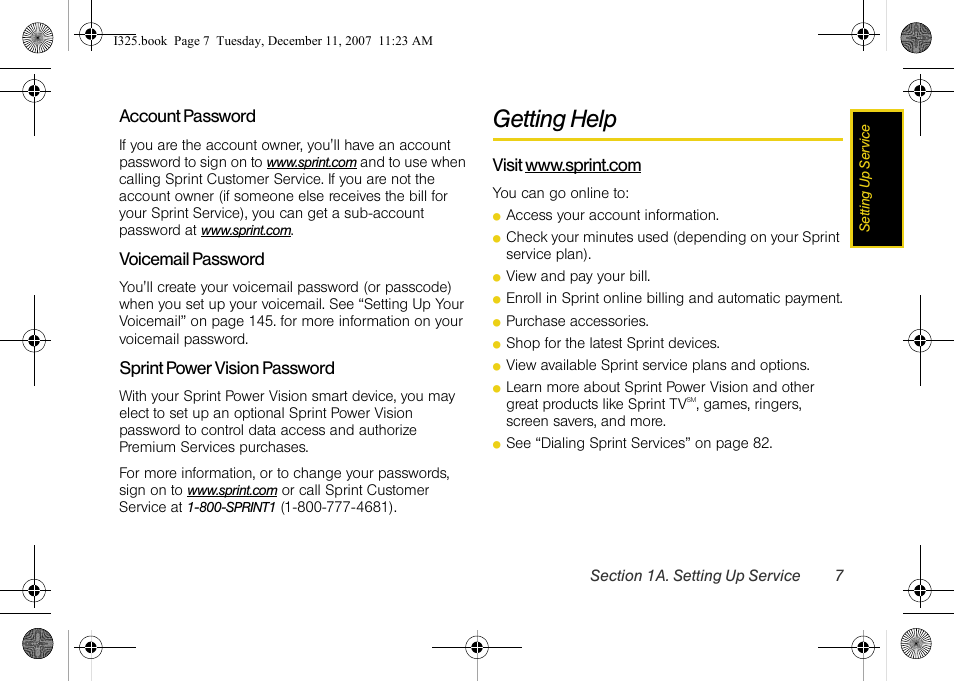 Account password, Voicemail password, Sprint power vision password | Getting help, Visit www.sprint.com | Samsung ACE User Manual | Page 22 / 210