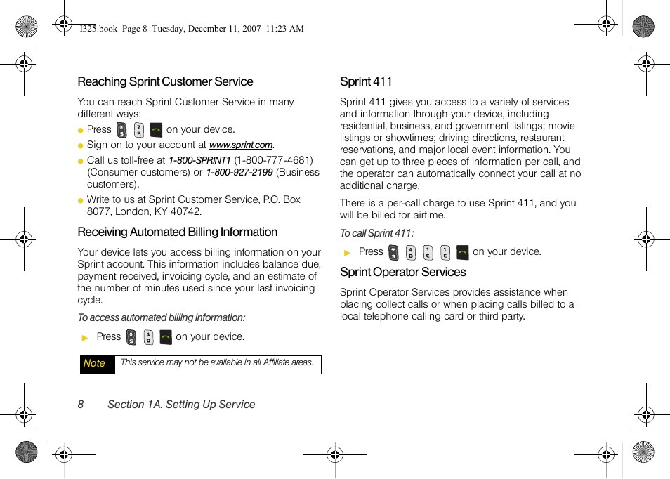 Reaching sprint customer service, Receiving automated billing information, Sprint 411 | Sprint operator services | Samsung ACE User Manual | Page 23 / 210