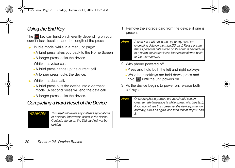 Using the end key, Completing a hard reset of the device | Samsung ACE User Manual | Page 35 / 210