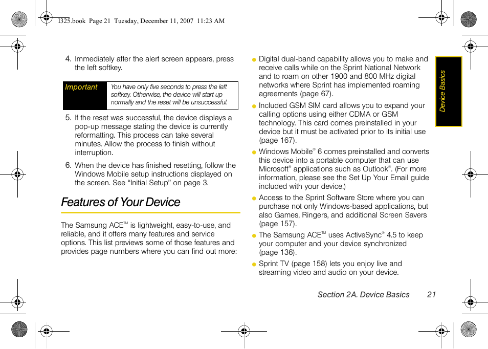 Features of your device | Samsung ACE User Manual | Page 36 / 210
