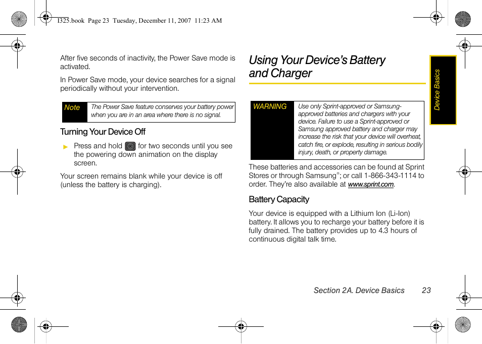 Turning your device off, Using your device’s battery and charger, Battery capacity | Using your device’s battery, And charger | Samsung ACE User Manual | Page 38 / 210