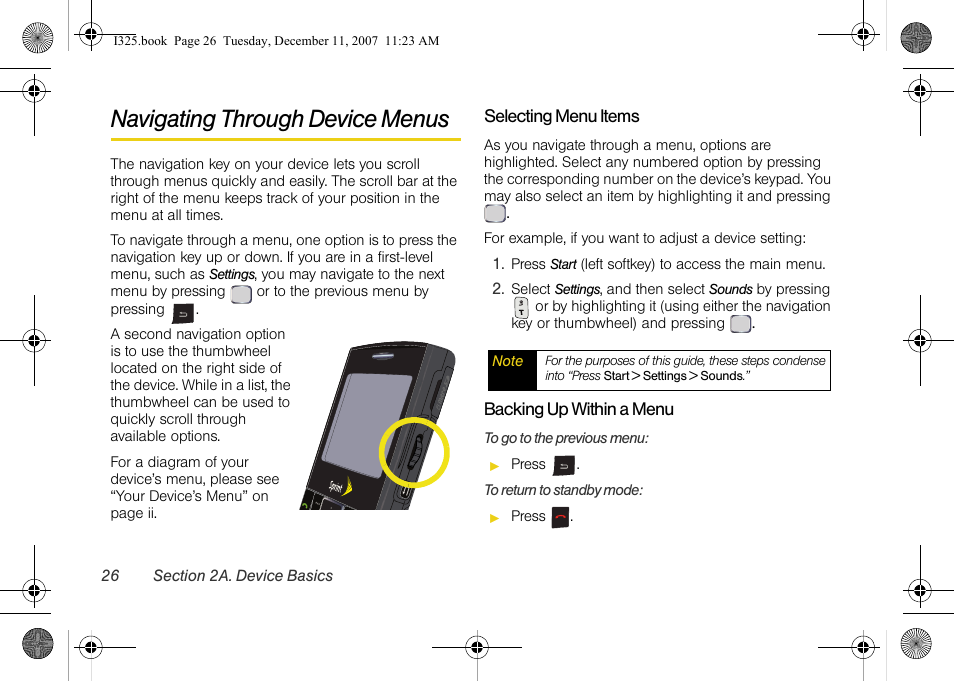 Navigating through device menus, Selecting menu items, Backing up within a menu | Samsung ACE User Manual | Page 41 / 210