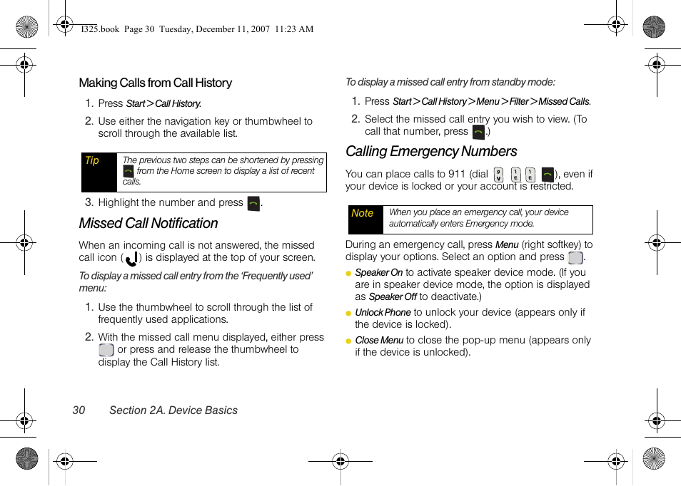 Making calls from call history, Missed call notification, Calling emergency numbers | Samsung ACE User Manual | Page 45 / 210