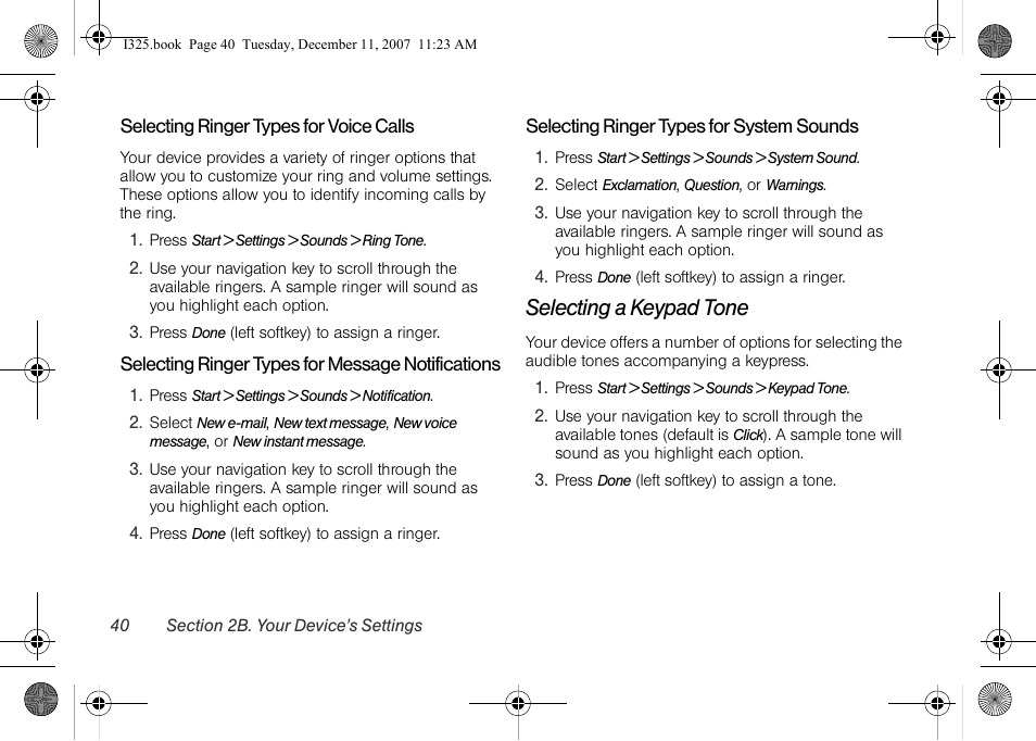 Selecting ringer types for voice calls, Selecting ringer types for message notifications, Selecting ringer types for system sounds | Selecting a keypad tone | Samsung ACE User Manual | Page 55 / 210