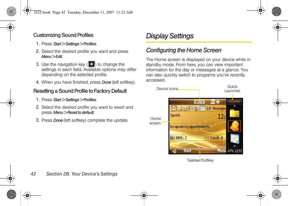 Customizing sound profiles, Resetting a sound profile to factory default, Display settings | Configuring the home screen | Samsung ACE User Manual | Page 57 / 210