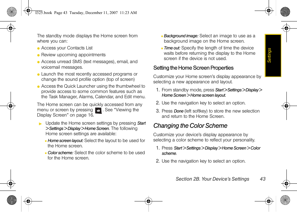 Setting the home screen properties, Changing the color scheme | Samsung ACE User Manual | Page 58 / 210