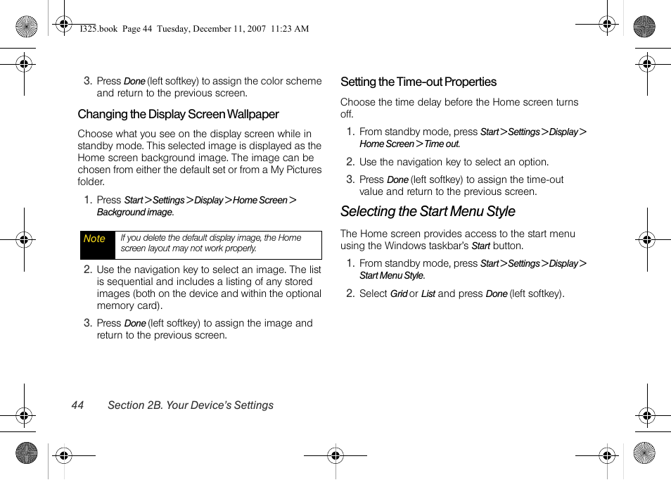 Changing the display screen wallpaper, Setting the time-out properties, Selecting the start menu style | Samsung ACE User Manual | Page 59 / 210