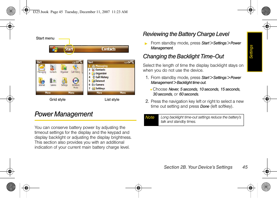 Power management, Reviewing the battery charge level, Changing the backlight time-out | Samsung ACE User Manual | Page 60 / 210