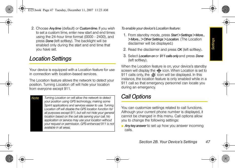 Location settings, Call options | Samsung ACE User Manual | Page 62 / 210