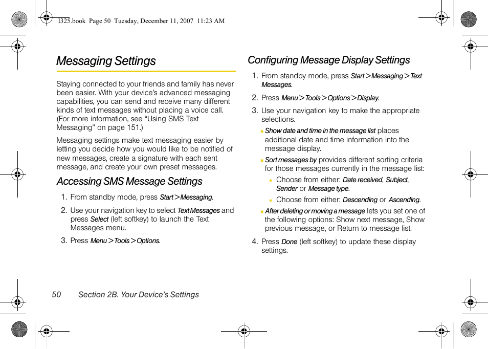 Messaging settings, Accessing sms message settings, Configuring message display settings | Samsung ACE User Manual | Page 65 / 210