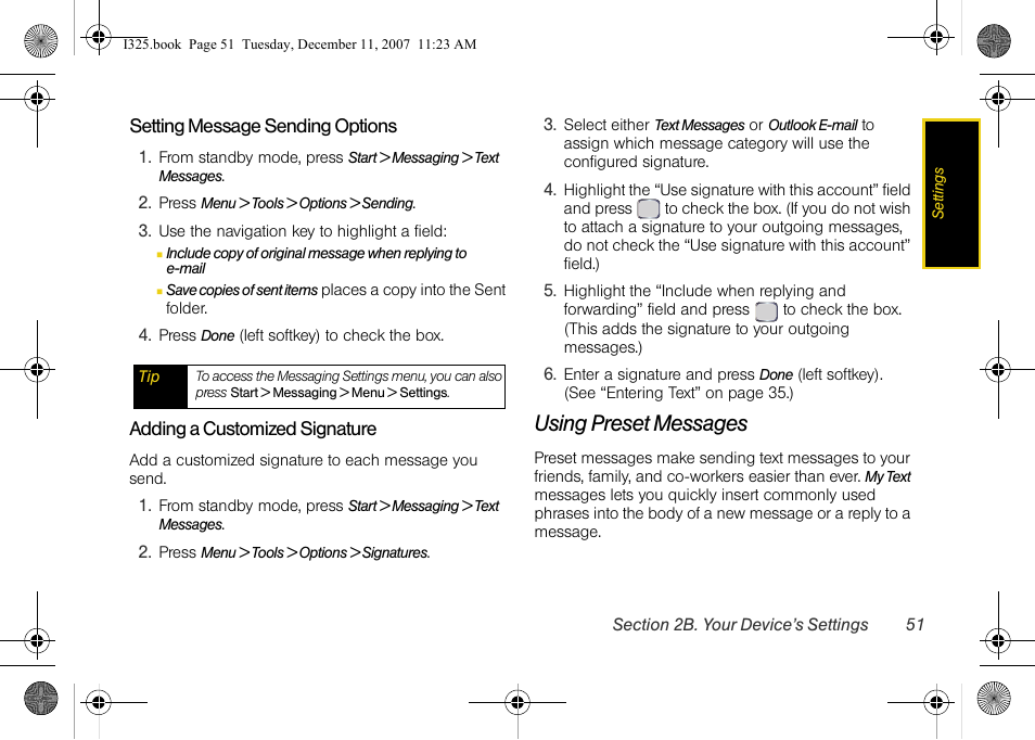 Setting message sending options, Adding a customized signature, Using preset messages | Samsung ACE User Manual | Page 66 / 210