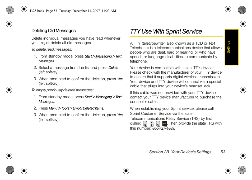 Deleting old messages, Tty use with sprint service | Samsung ACE User Manual | Page 68 / 210