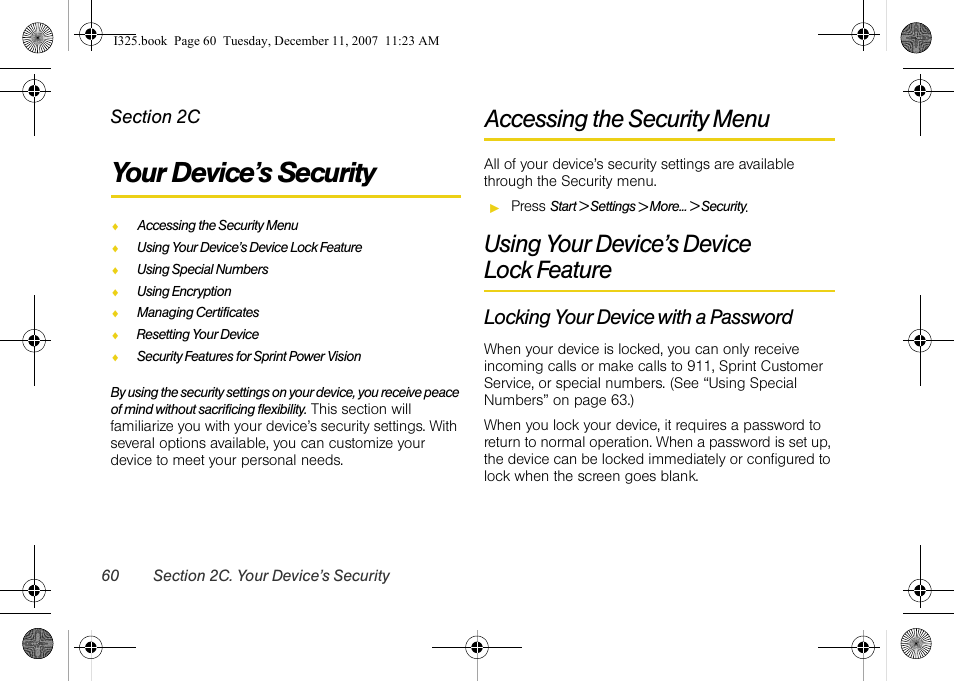 Your device’s security, Accessing the security menu, Using your device’s device lock feature | Locking your device with a password, 2c. your device’s security, Using your device’s device, Lock feature | Samsung ACE User Manual | Page 75 / 210