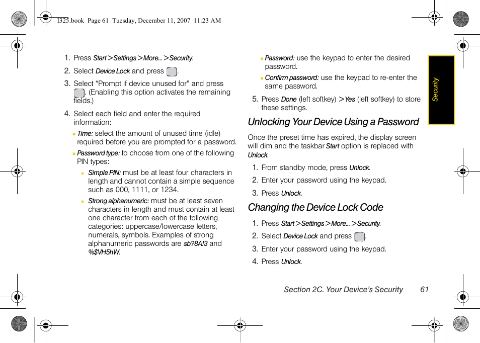 Unlocking your device using a password, Changing the device lock code | Samsung ACE User Manual | Page 76 / 210