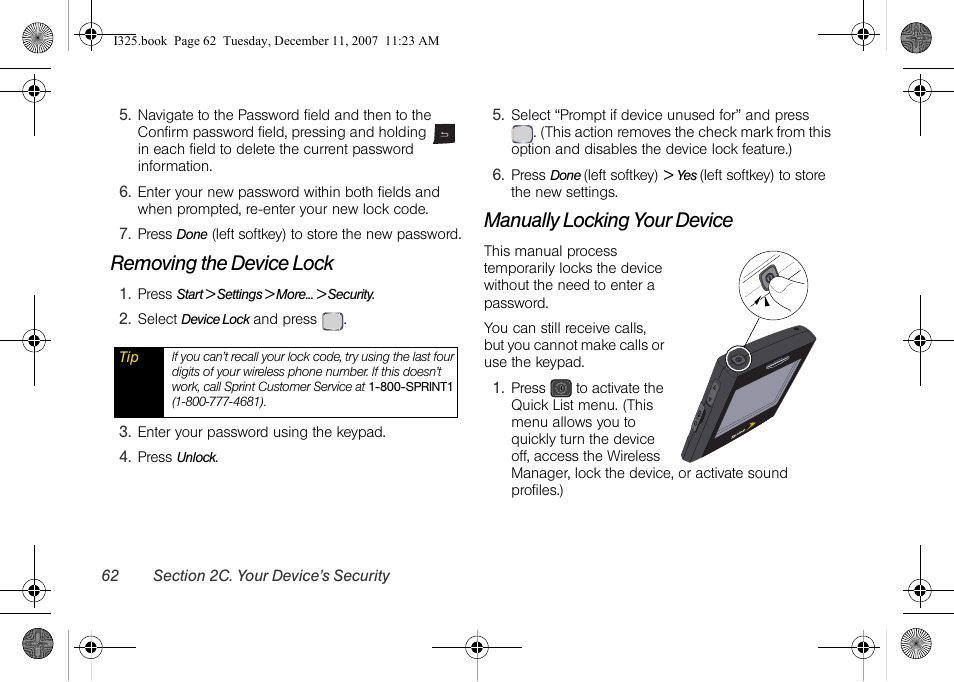 Removing the device lock, Manually locking your device | Samsung ACE User Manual | Page 77 / 210