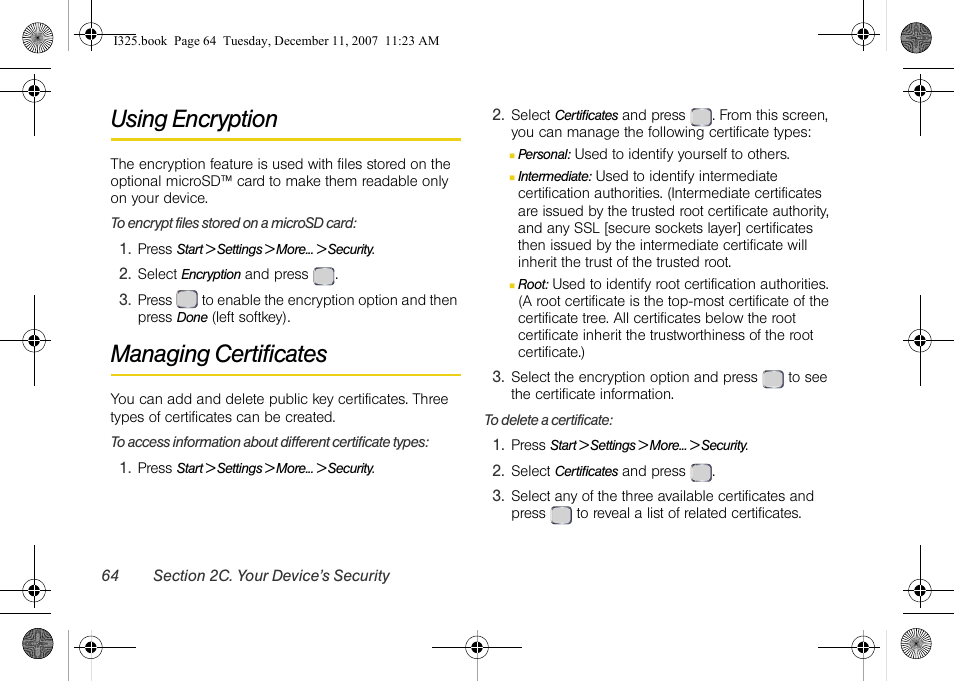 Using encryption, Managing certificates | Samsung ACE User Manual | Page 79 / 210